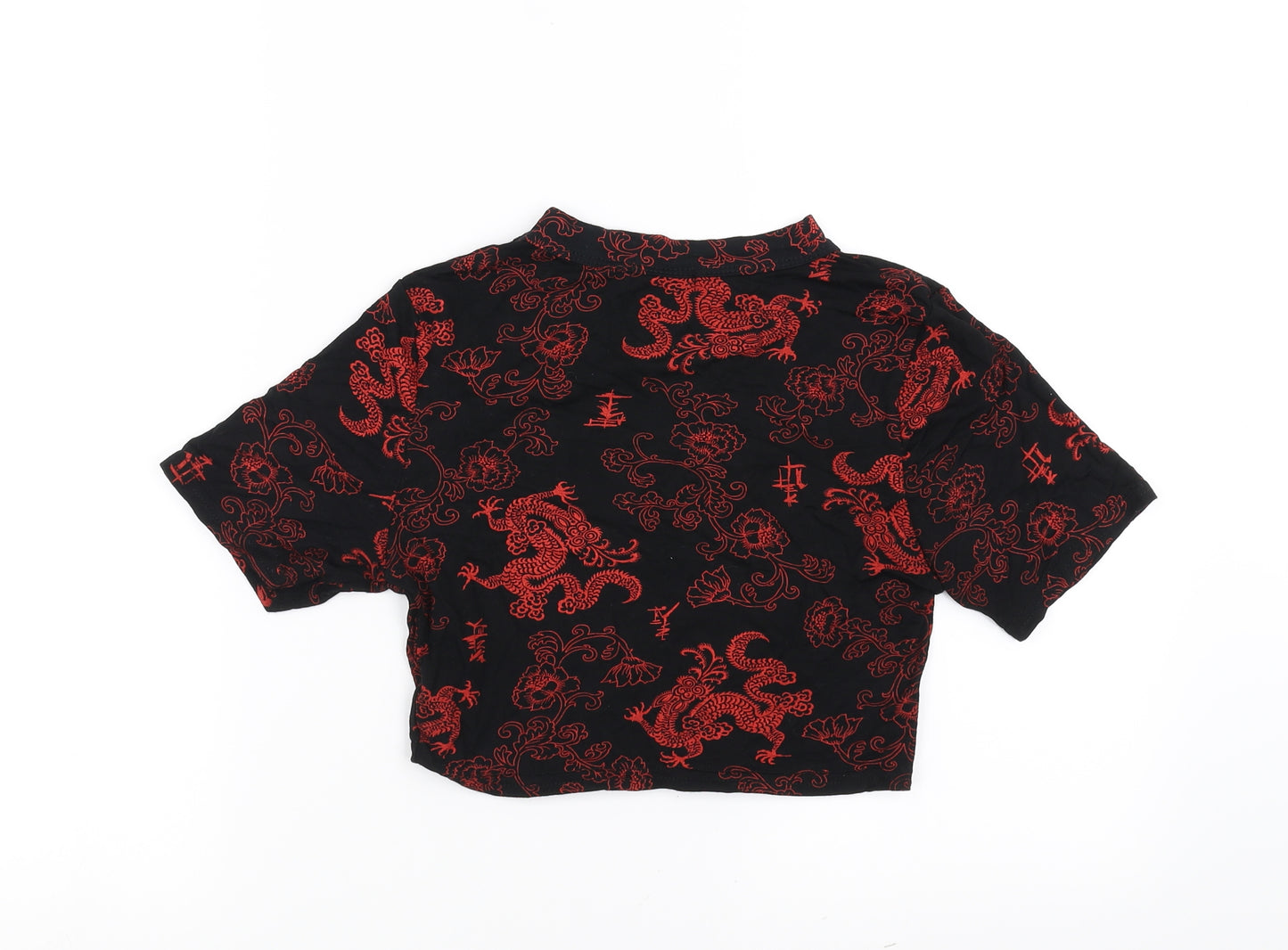 PRETTYLITTLETHING Womens Black   Cropped T-Shirt Size 10  - cut out detail, dragon print