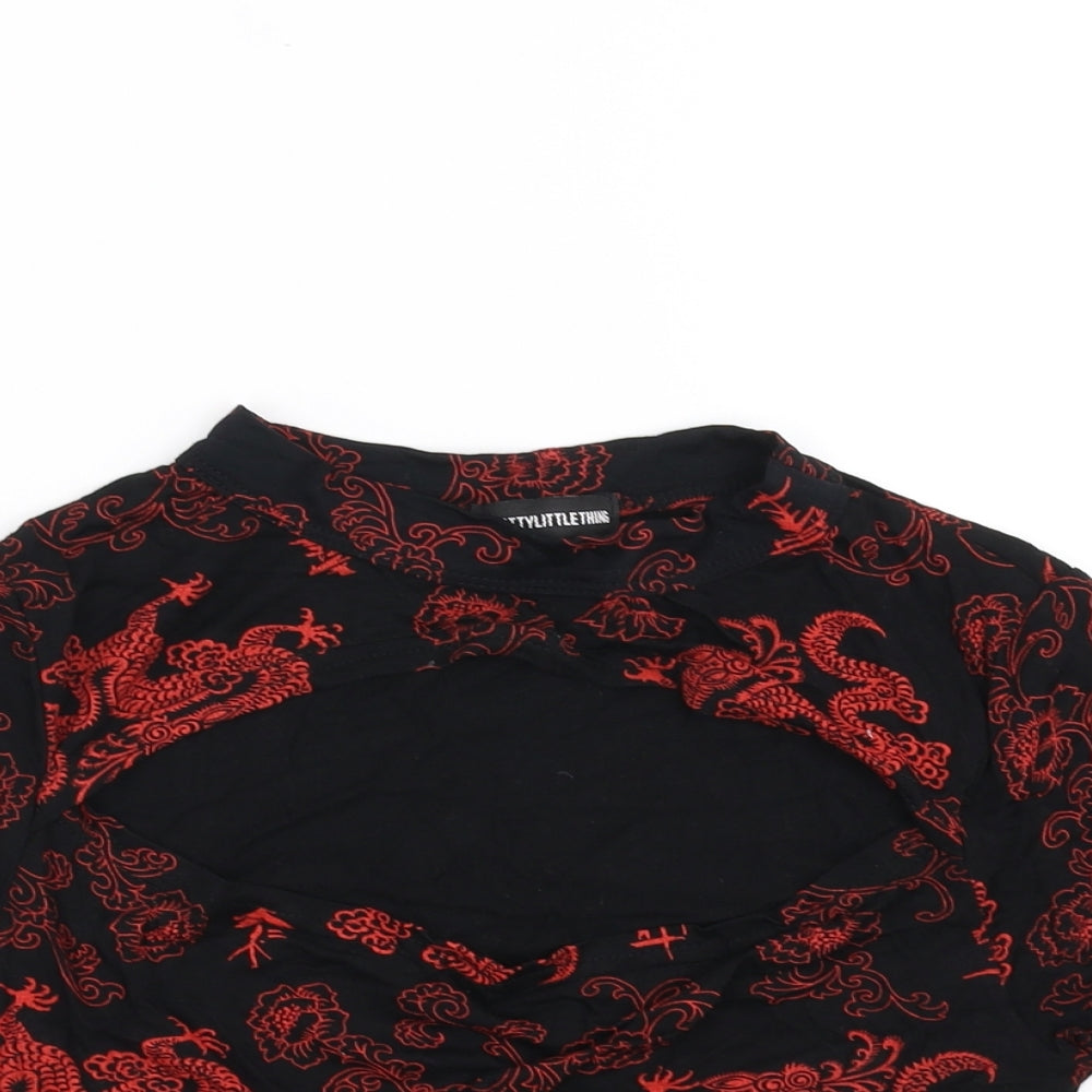 PRETTYLITTLETHING Womens Black   Cropped T-Shirt Size 10  - cut out detail, dragon print