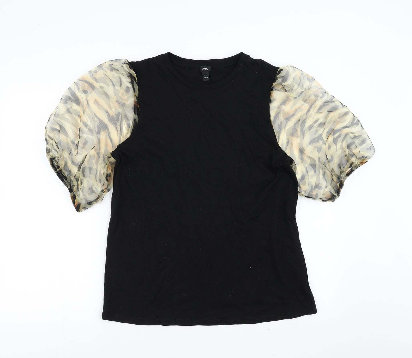 River Island Womens Black   Basic Blouse Size 14  - sheer animal print sleeve