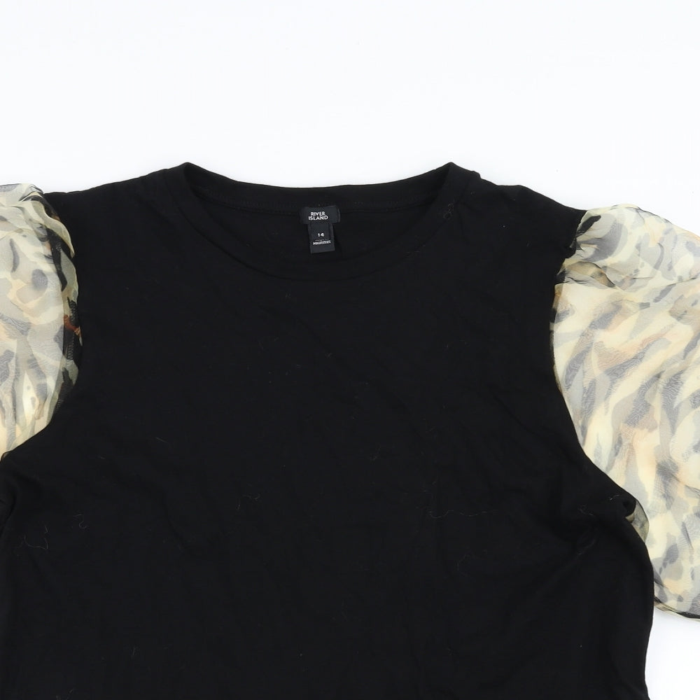 River Island Womens Black   Basic Blouse Size 14  - sheer animal print sleeve