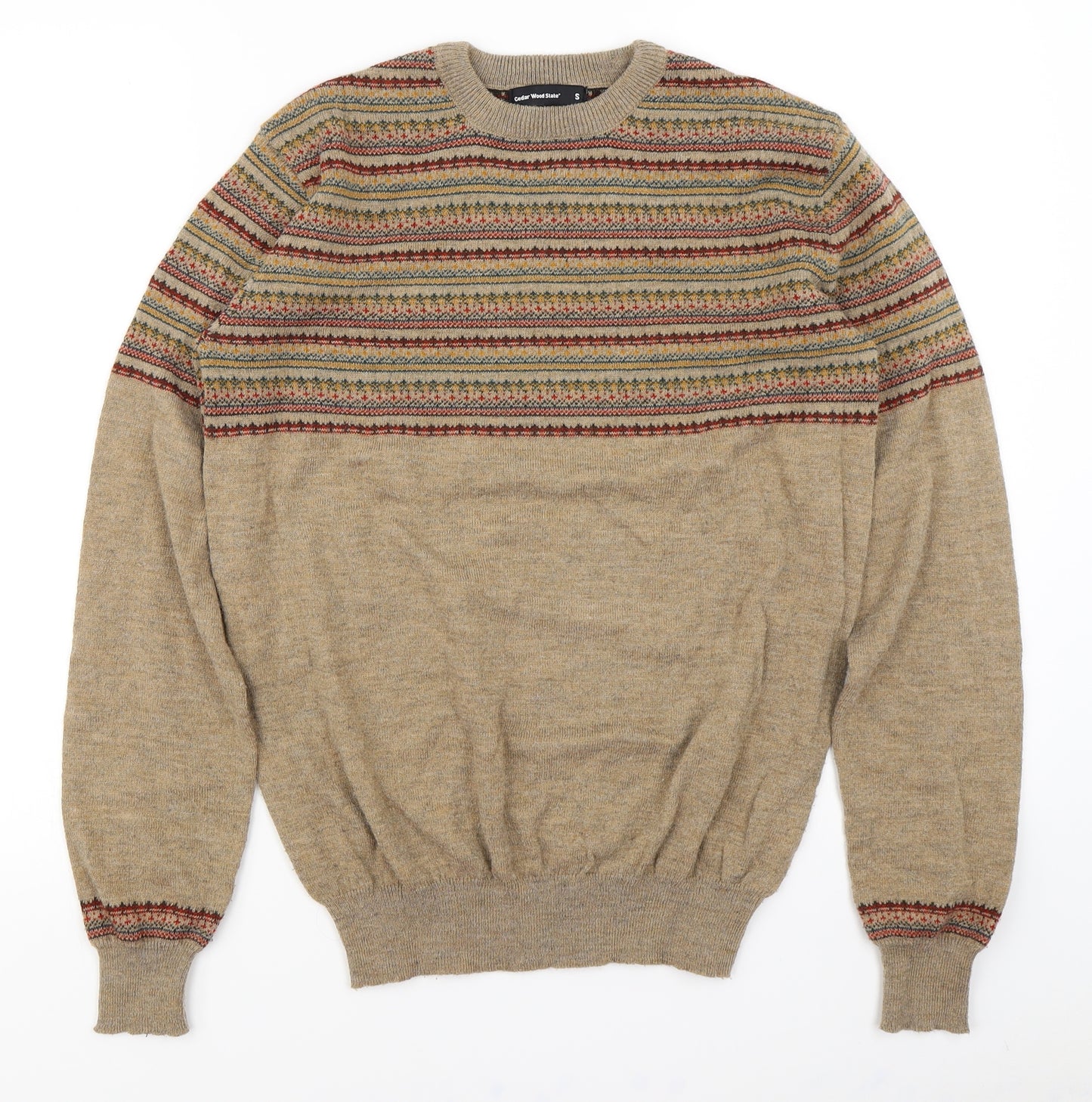 Cedar Wood State Mens Brown Fair Isle  Pullover Jumper Size S