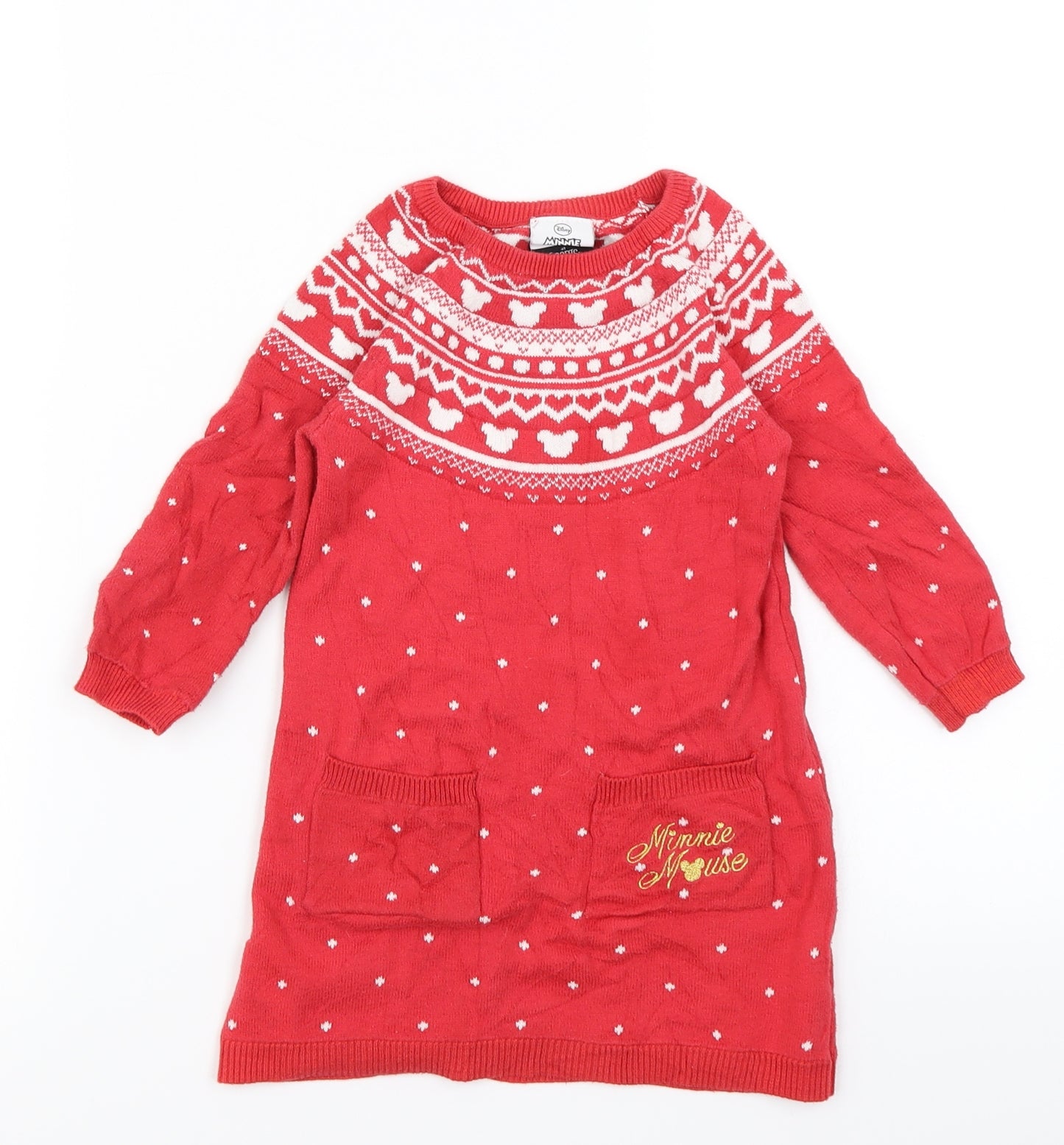 George Girls Red Fair Isle Knit Jumper Dress  Size 2-3 Years  - Disney Minnie Mouse
