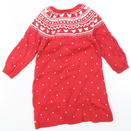 George Girls Red Fair Isle Knit Jumper Dress  Size 2-3 Years  - Disney Minnie Mouse
