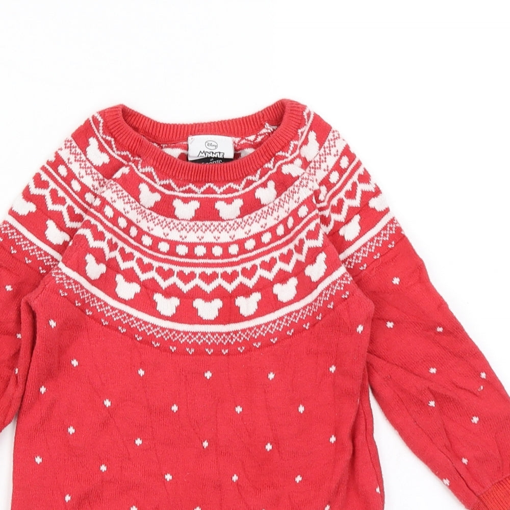 George Girls Red Fair Isle Knit Jumper Dress  Size 2-3 Years  - Disney Minnie Mouse