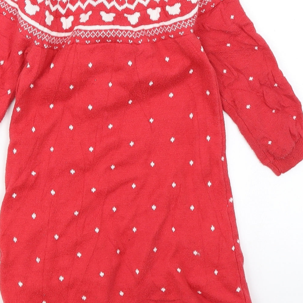 George Girls Red Fair Isle Knit Jumper Dress  Size 2-3 Years  - Disney Minnie Mouse