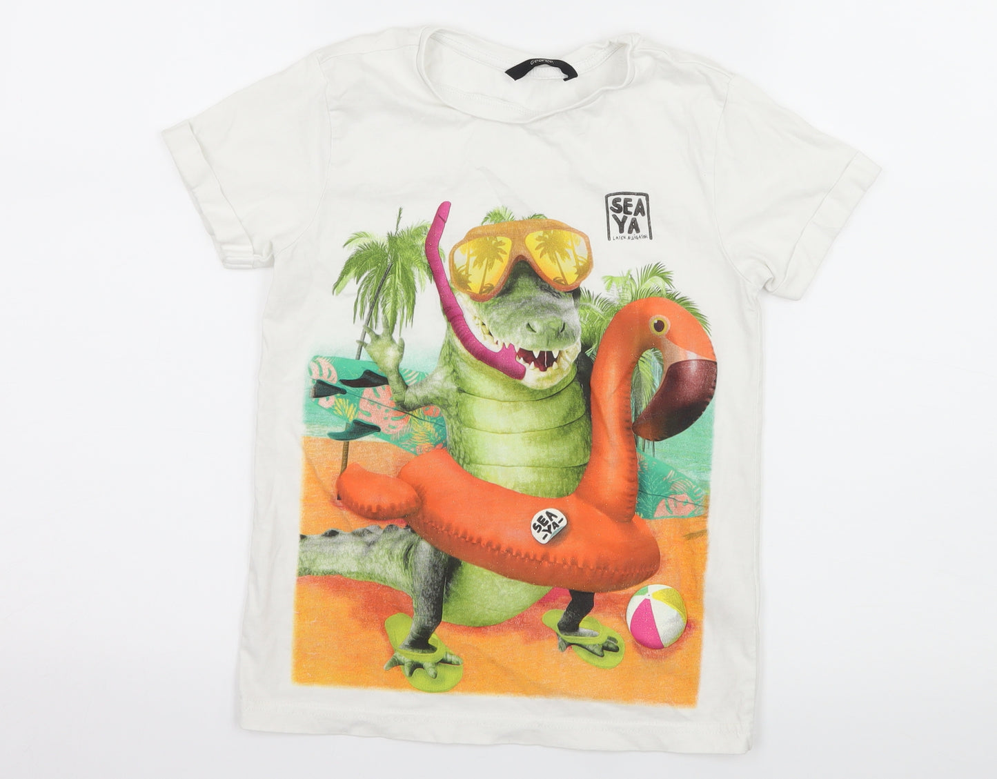 George Boys White  Jersey Basic T-Shirt Size 7-8 Years  - Holiday Dinosaur