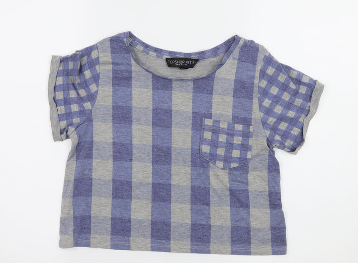 Topshop Womens Blue Check Jersey Basic T-Shirt Size 6