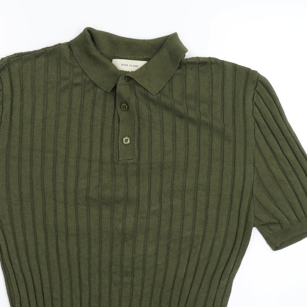 River Island Mens Green  Knit  Polo Size M