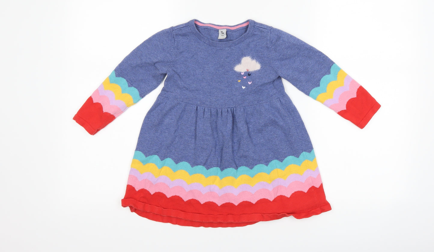 TU Girls Blue Striped  Jumper Dress  Size 2-3 Years  - rain cloud