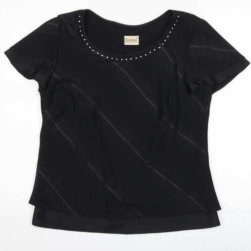 Roman Womens Black Striped  Basic T-Shirt Size 14