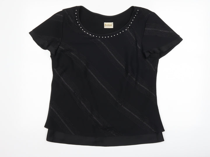 Roman Womens Black Striped Basic T-Shirt Size 14