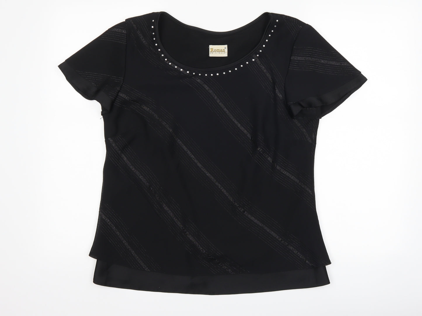 Roman Womens Black Striped  Basic T-Shirt Size 14