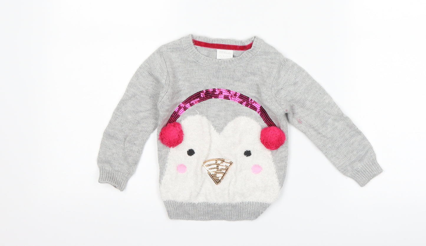 F&F Girls Grey   Pullover Jumper Size 12-18 Months  - Penguin