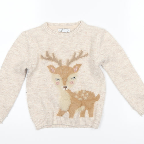 Primark Girls Beige   Pullover Jumper Size 4-5 Years  - Deer