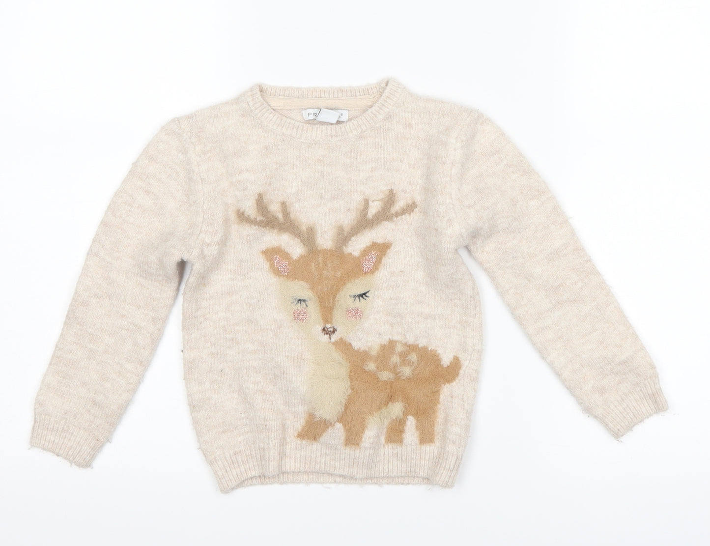 Primark Girls Beige   Pullover Jumper Size 4-5 Years  - Deer