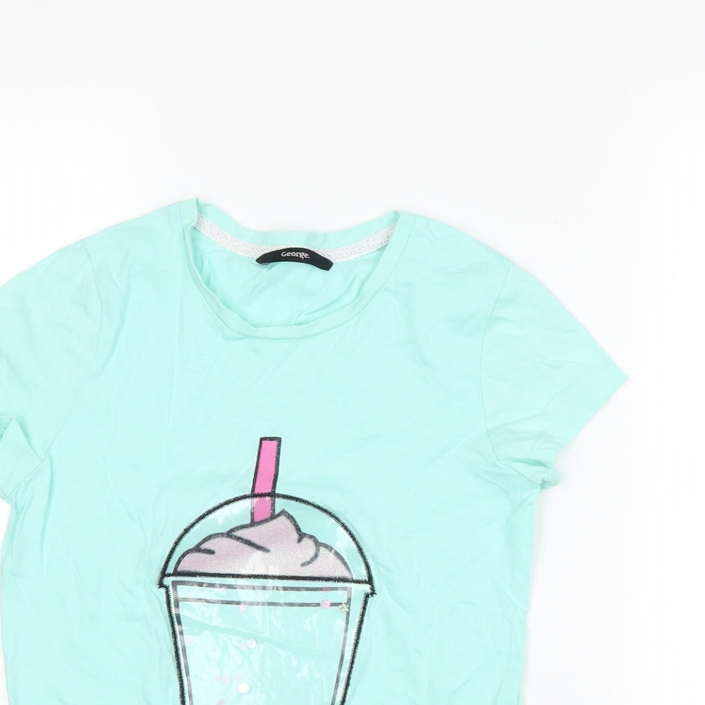 George Girls Blue   Basic T-Shirt Size 10-11 Years  - Graphic