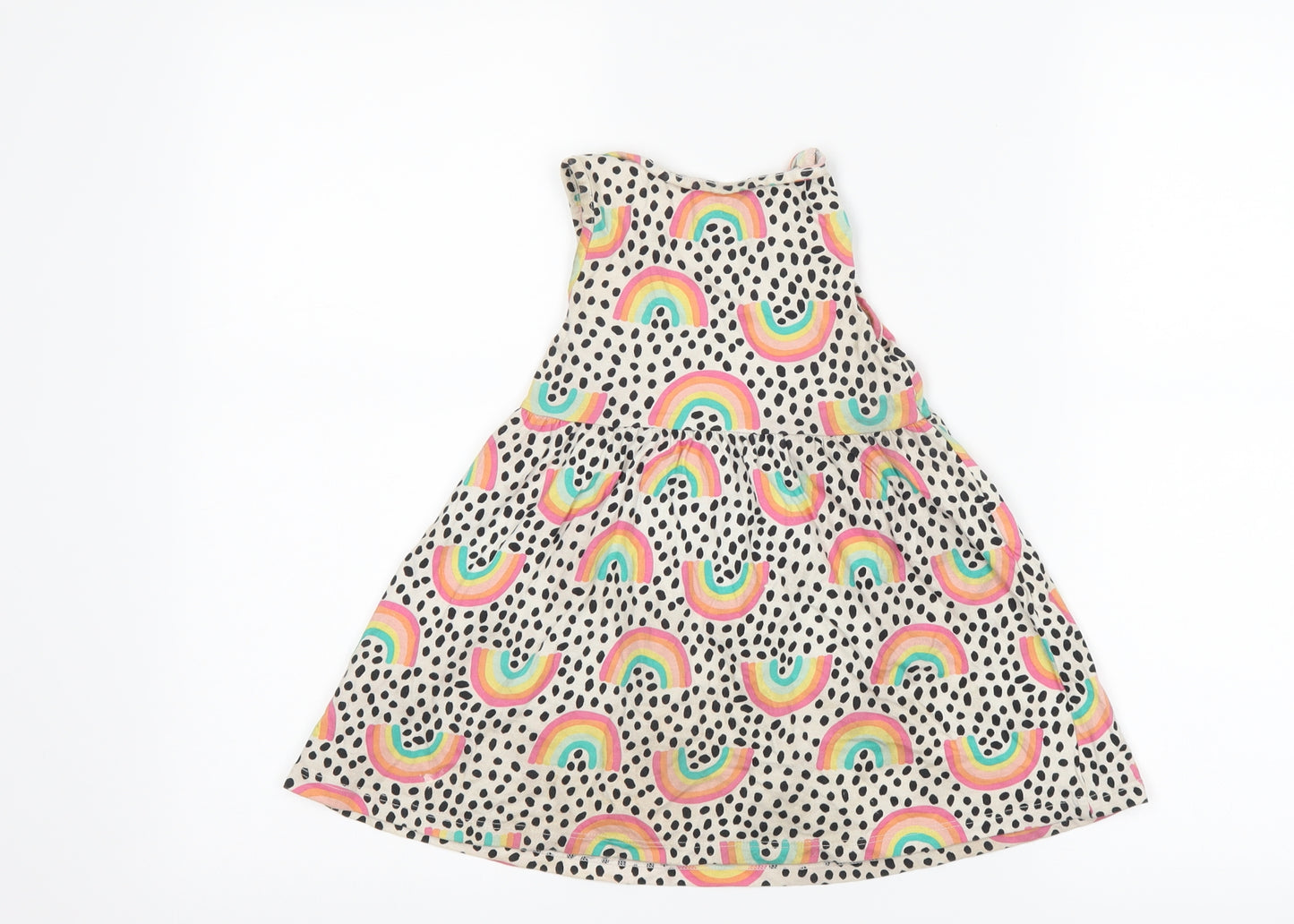 F&F Girls Beige Polka Dot  Skater Dress  Size 3-4 Years  - Rainbows