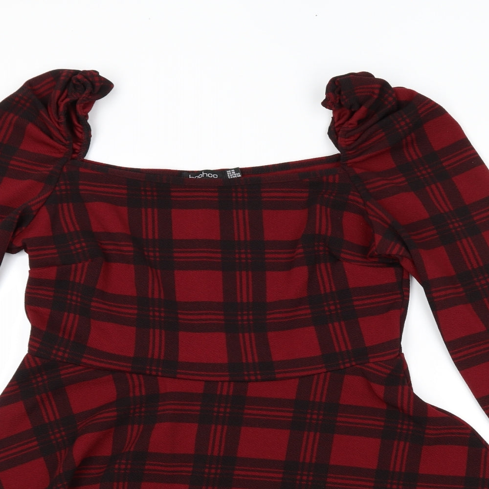 Boohoo Womens Red Plaid  Skater Dress  Size 14