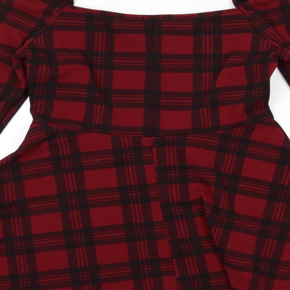 Boohoo Womens Red Plaid  Skater Dress  Size 14