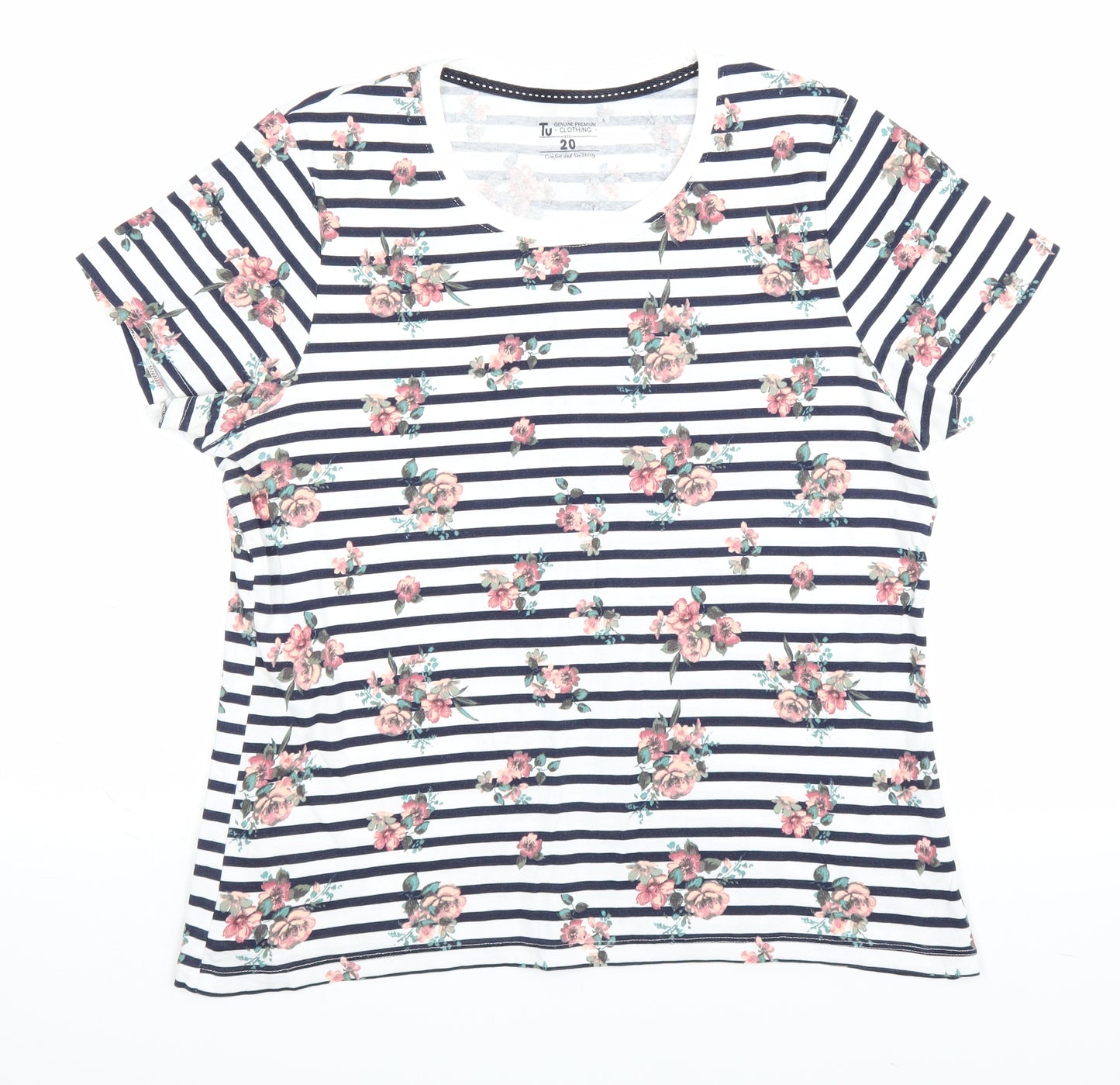 TU Womens White Striped  Basic T-Shirt Size 20  - Flowers
