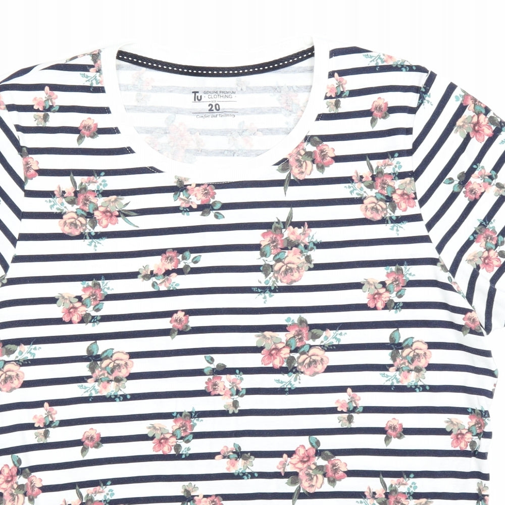 TU Womens White Striped  Basic T-Shirt Size 20  - Flowers