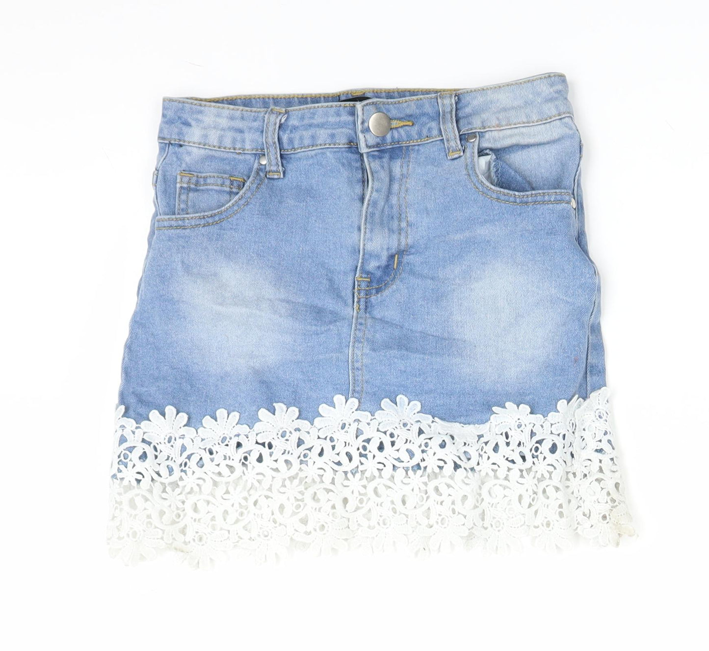 Boohoo Girls Blue  Denim A-Line Skirt Size 9-10 Years - lace detail