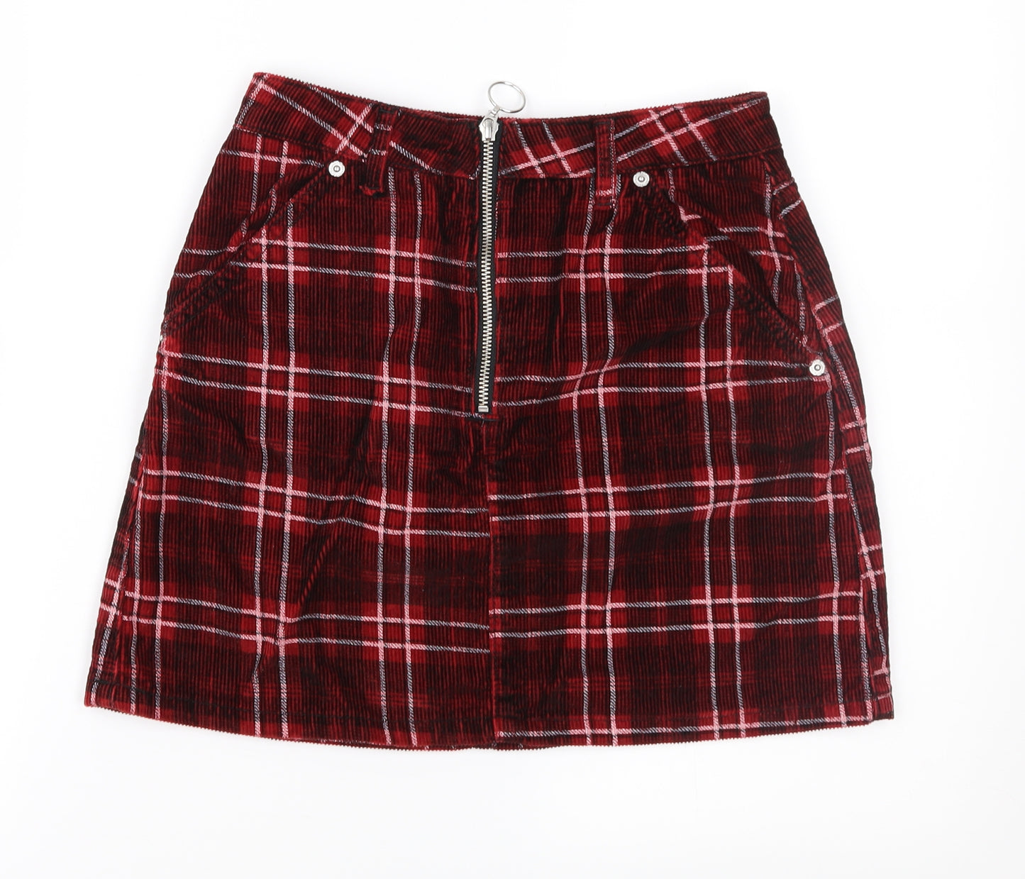 Topshop Womens Red Check Corduroy A-Line Skirt Size 8