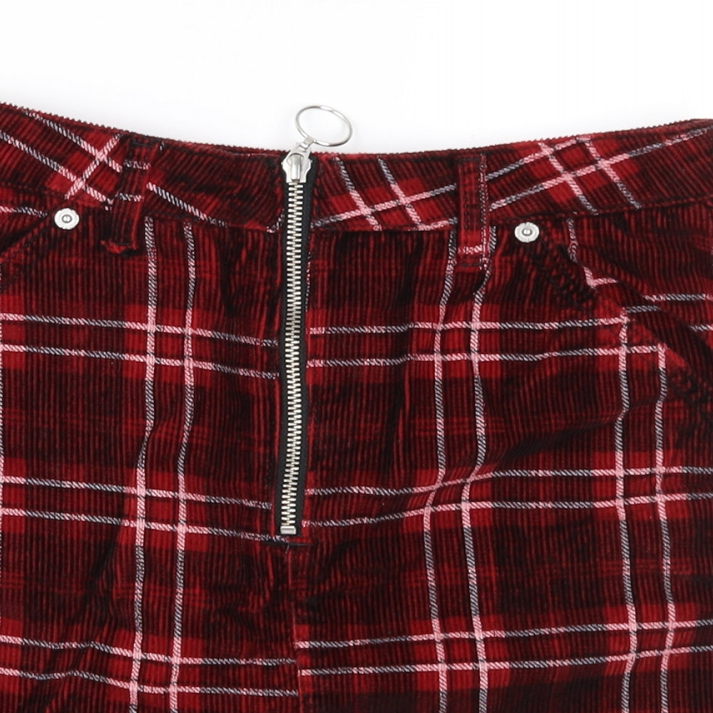 Topshop Womens Red Check Corduroy A-Line Skirt Size 8