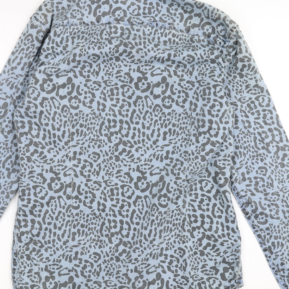 ASOS Womens Blue Animal Print Denim Basic Button-Up Size S