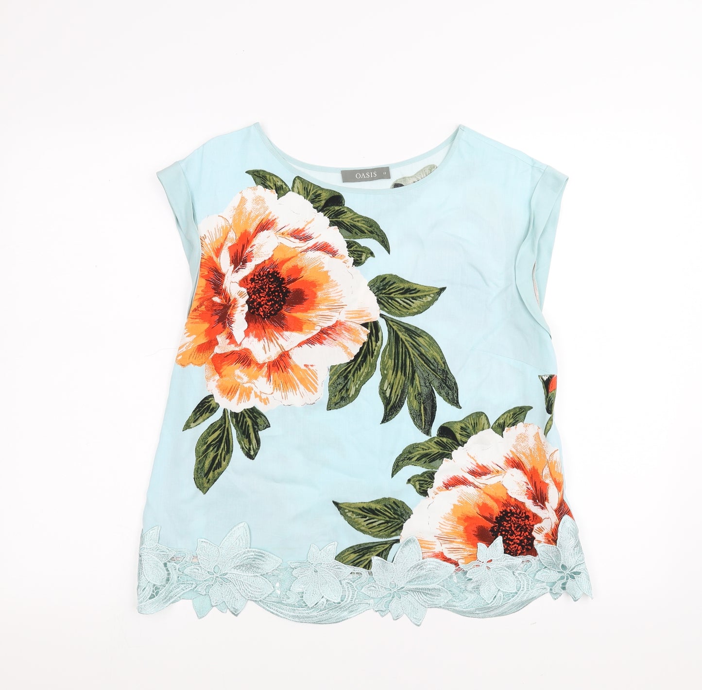 Oasis Womens Blue Floral  Basic Blouse Size 12  - floral lace hem