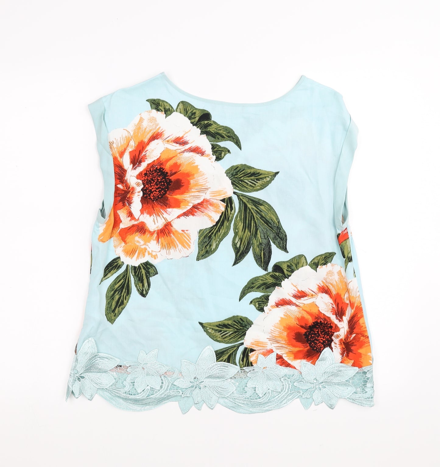 Oasis Womens Blue Floral  Basic Blouse Size 12  - floral lace hem