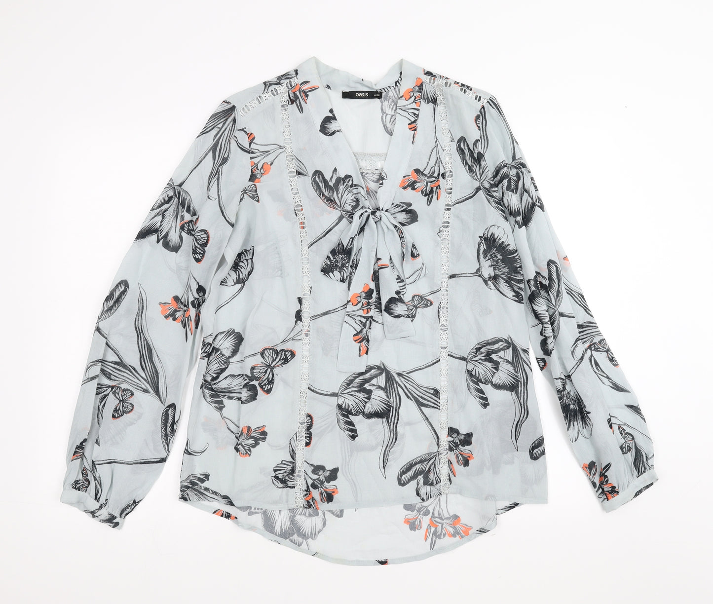 Oasis Womens Grey Floral  Basic Blouse Size 10  - Tie Neck