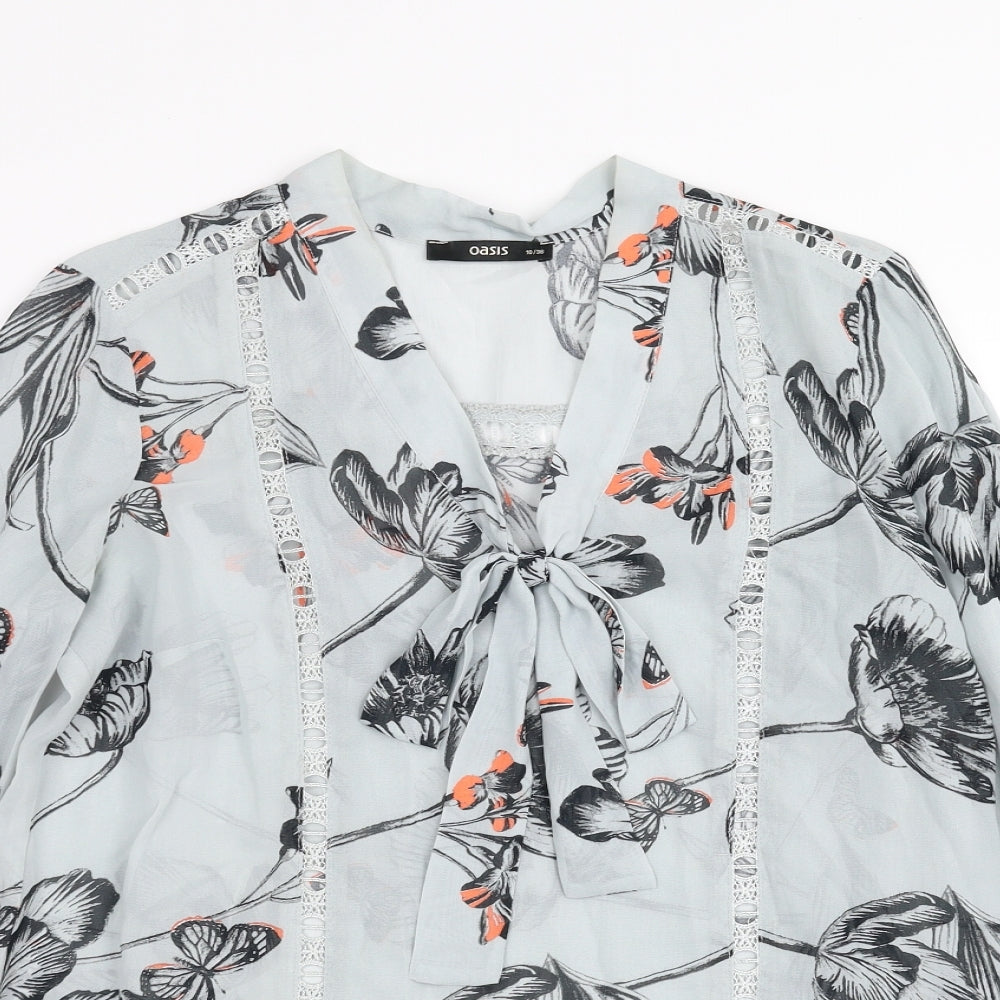 Oasis Womens Grey Floral  Basic Blouse Size 10  - Tie Neck