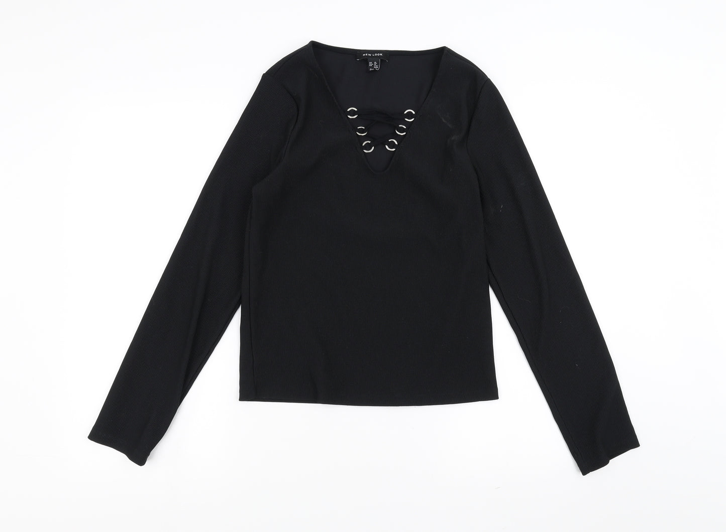 New Look Womens Black   Basic Blouse Size 16  - lace up neckline detail