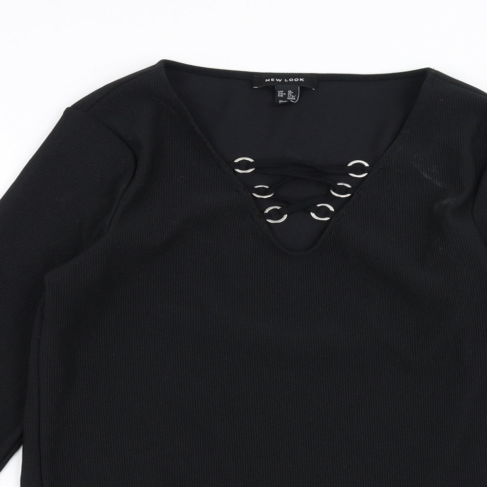 New Look Womens Black   Basic Blouse Size 16  - lace up neckline detail