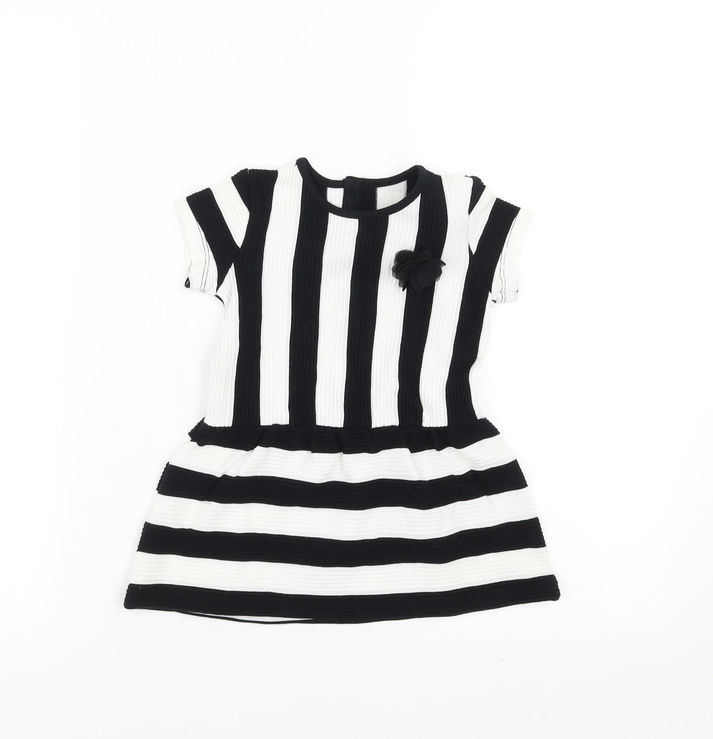 Matalan Girls Black Striped  Fit & Flare  Size 9-12 Months  - Flower detail