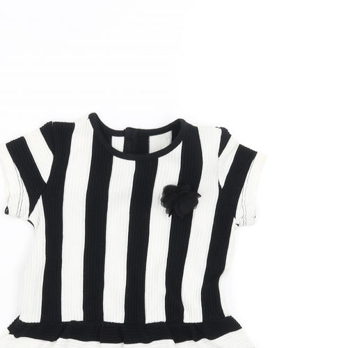 Matalan Girls Black Striped  Fit & Flare  Size 9-12 Months  - Flower detail
