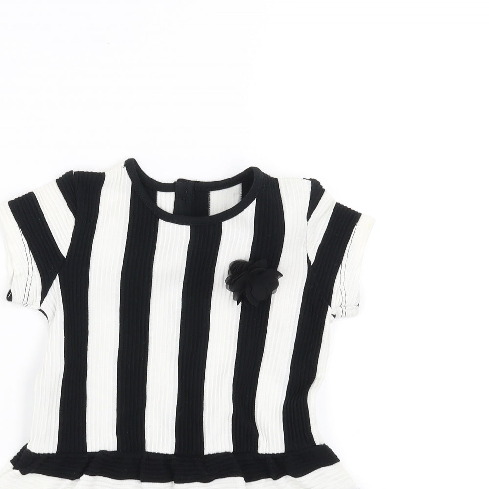 Matalan Girls Black Striped  Fit & Flare  Size 9-12 Months  - Flower detail