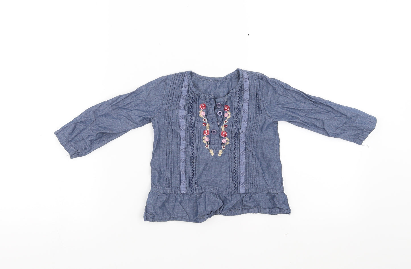 Matalan Girls Blue   Basic Blouse Size 12-18 Months  - Floral Embroidery