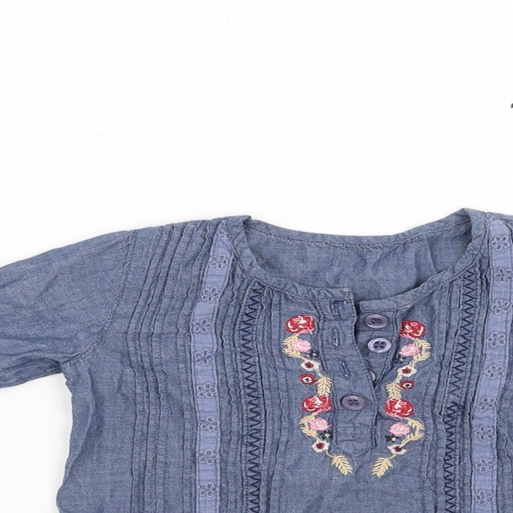 Matalan Girls Blue   Basic Blouse Size 12-18 Months  - Floral Embroidery