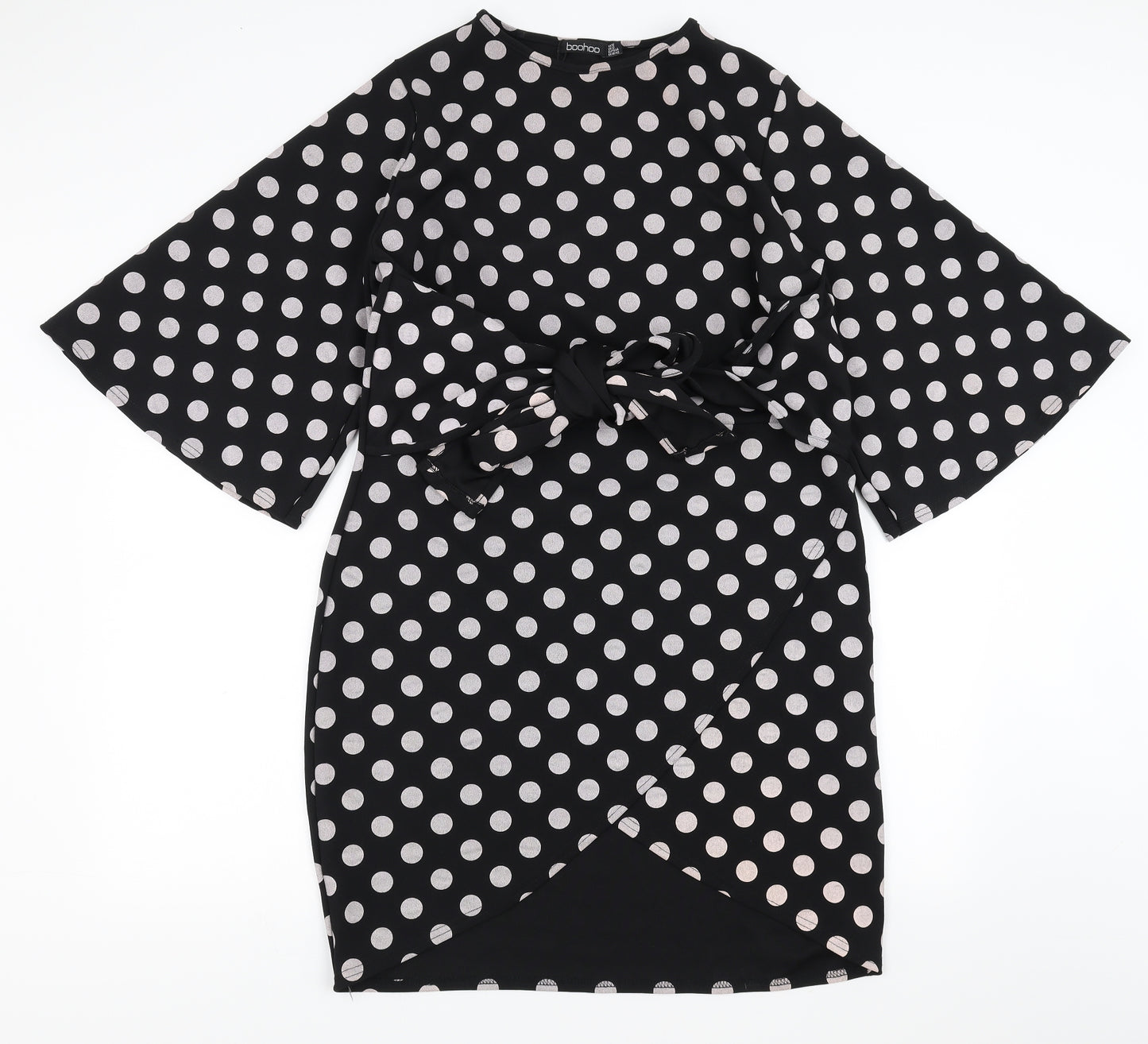 Boohoo Womens Black Polka Dot  Sheath  Size 16  - tie Front Detail