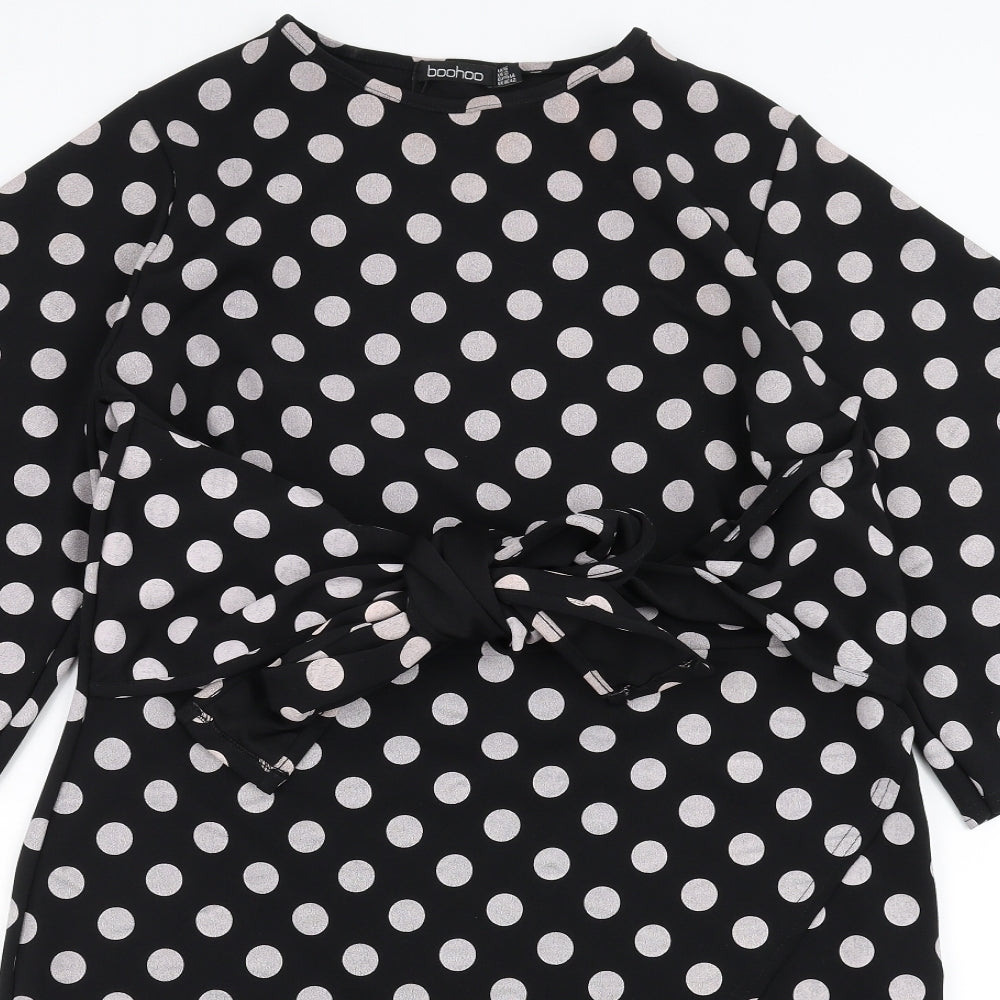Boohoo Womens Black Polka Dot  Sheath  Size 16  - tie Front Detail