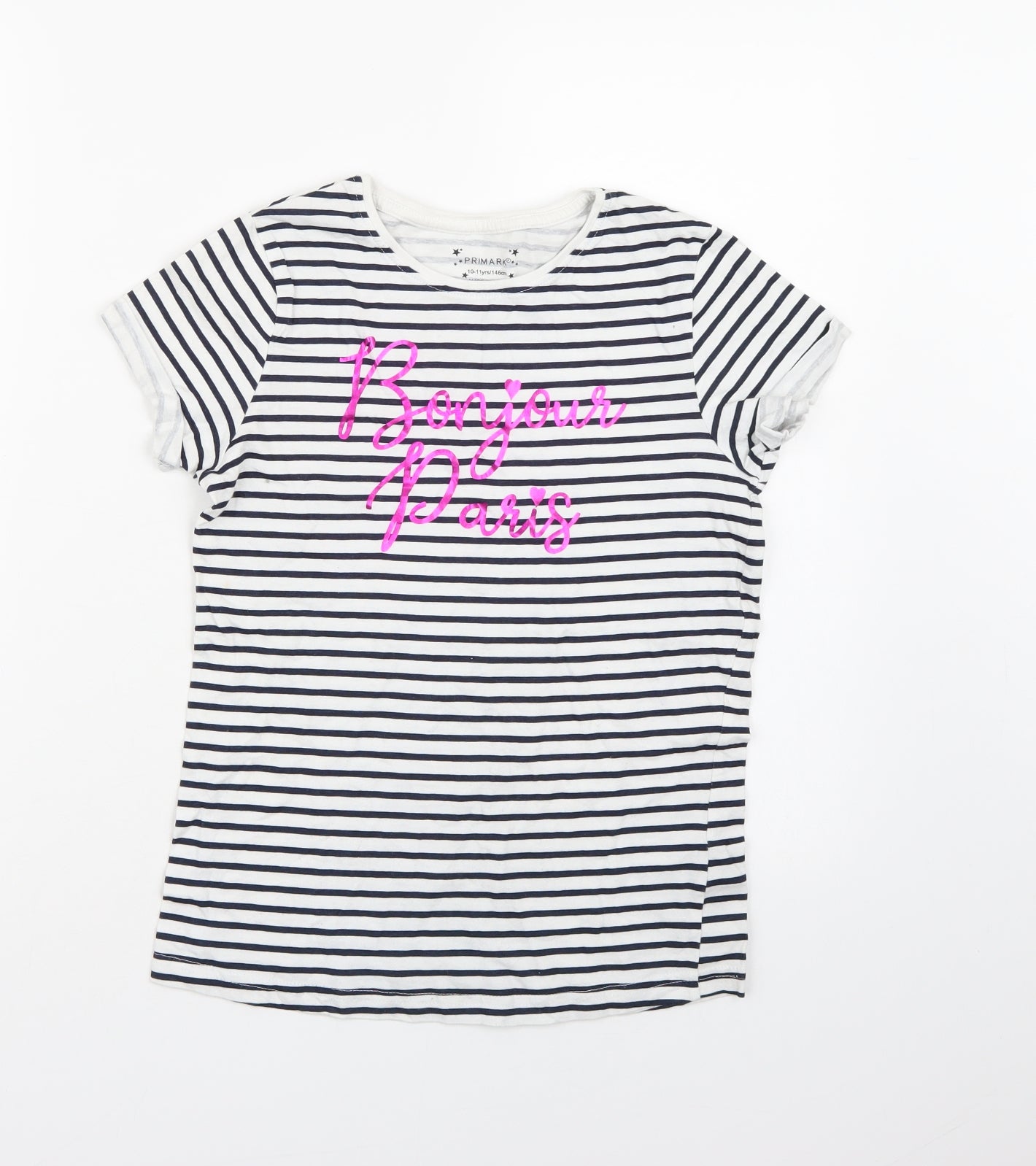 Primark Girls White Striped  Basic T-Shirt Size 10-11 Years