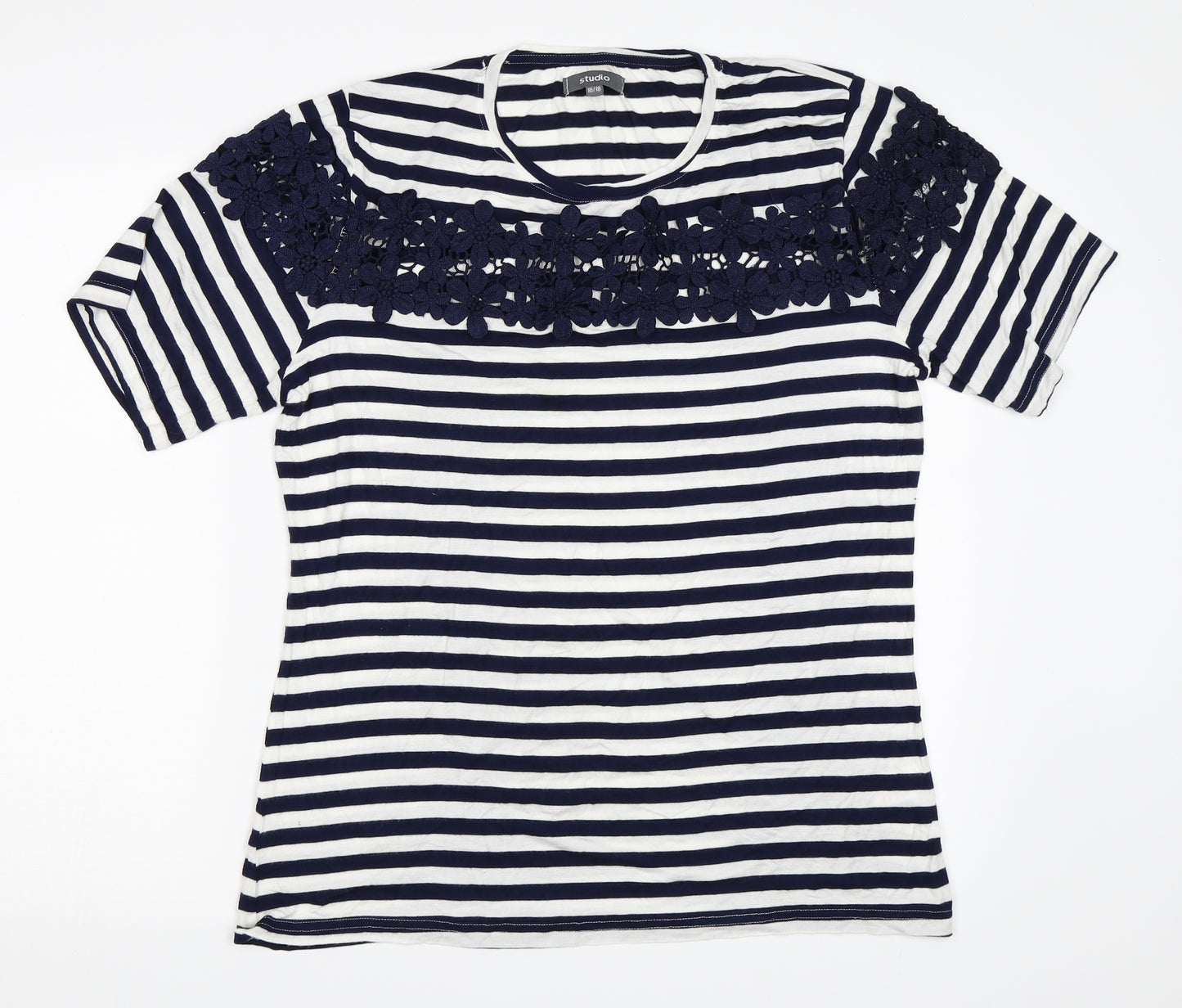 Studio Womens Blue Striped  Basic T-Shirt Size 16