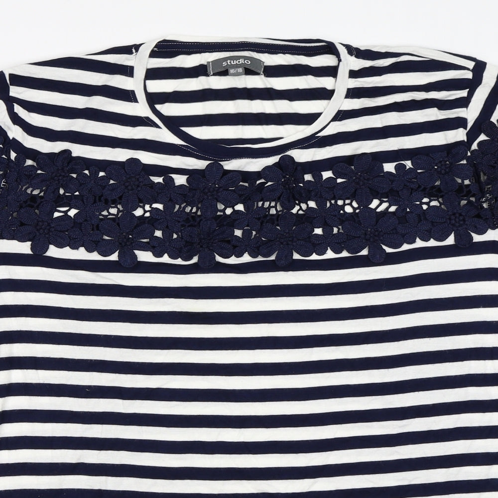 Studio Womens Blue Striped  Basic T-Shirt Size 16