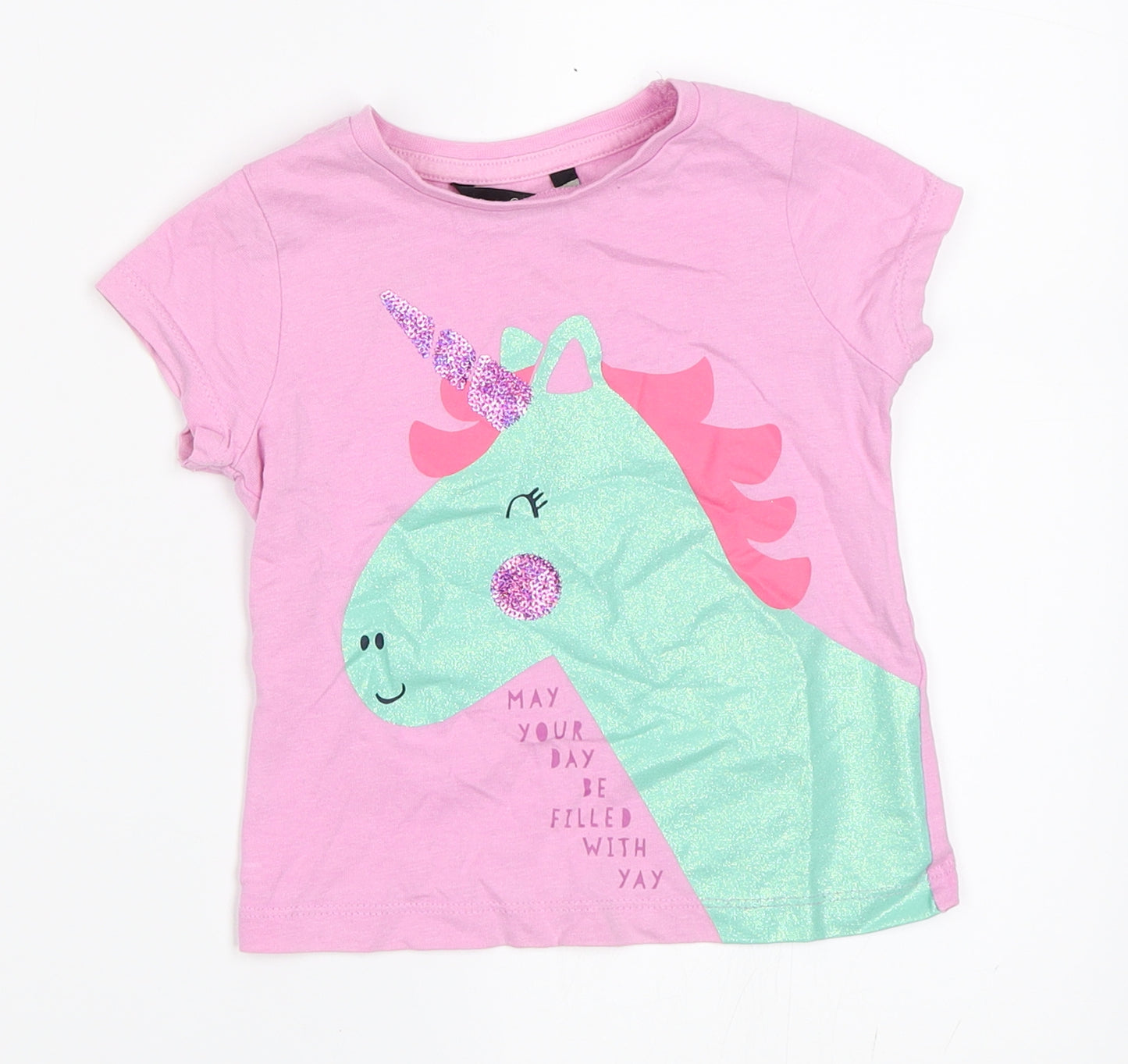 George Girls Pink   Basic T-Shirt Size 18-24 Months  - unicorn