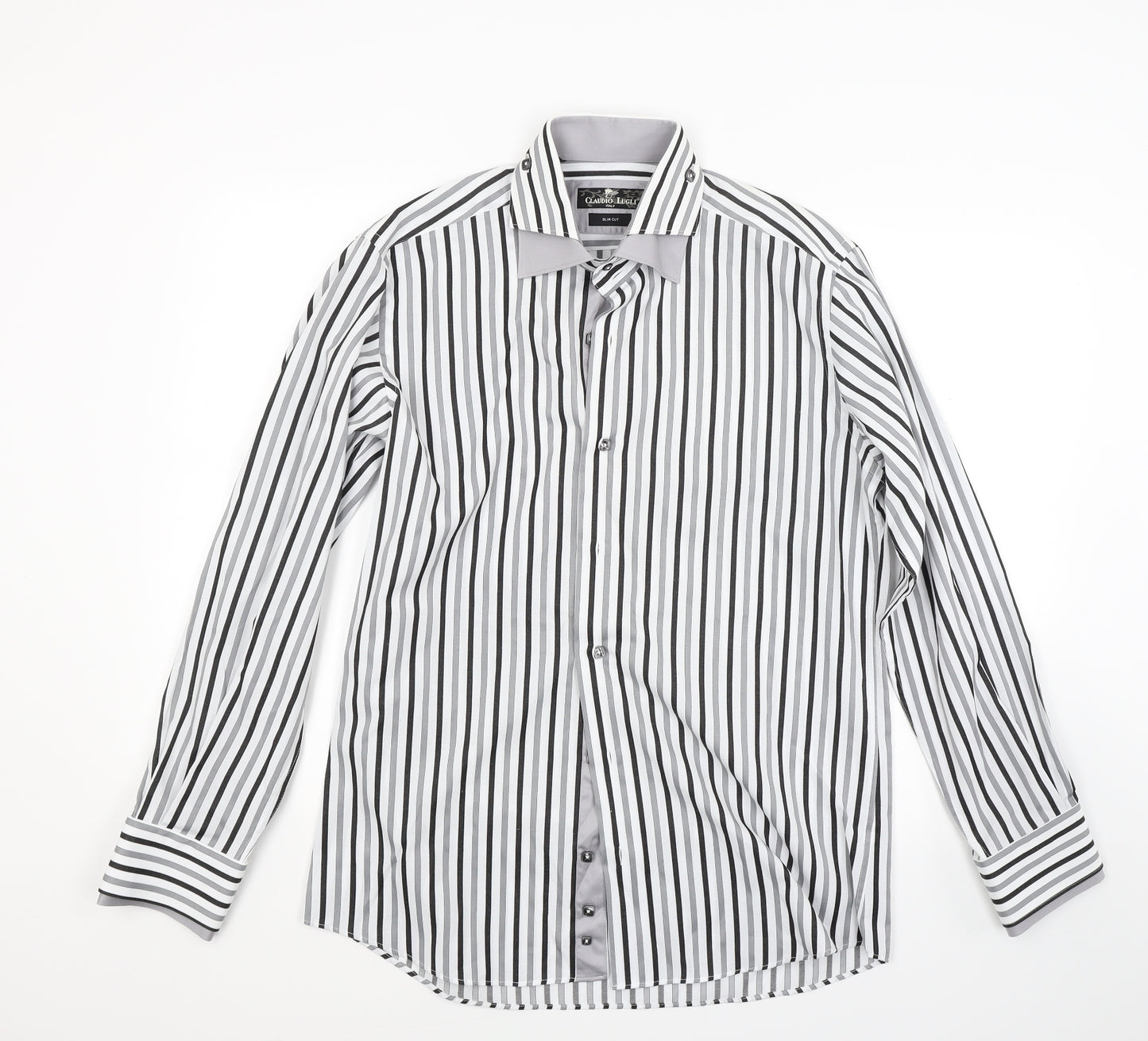 Claudio Lugli Mens White Striped   Dress Shirt Size L