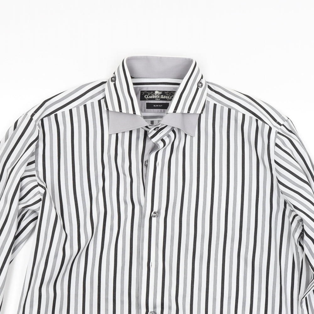 Claudio Lugli Mens White Striped   Dress Shirt Size L