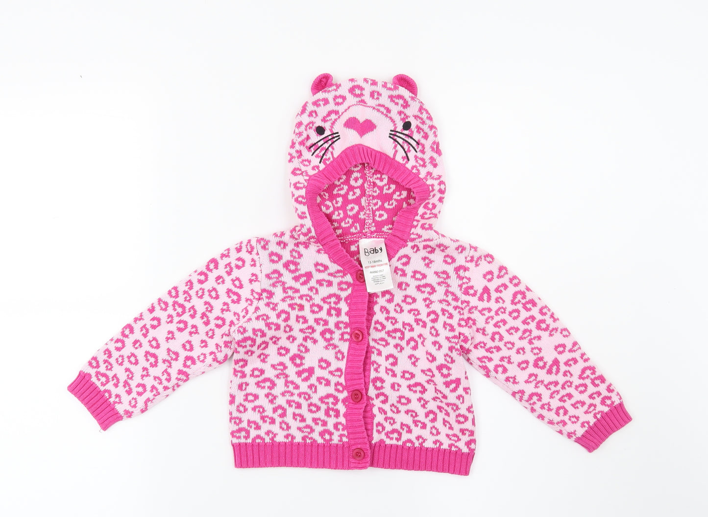 Peacocks Girls Pink Animal Print  Cardigan Jumper Size 12-18 Months  - Cat