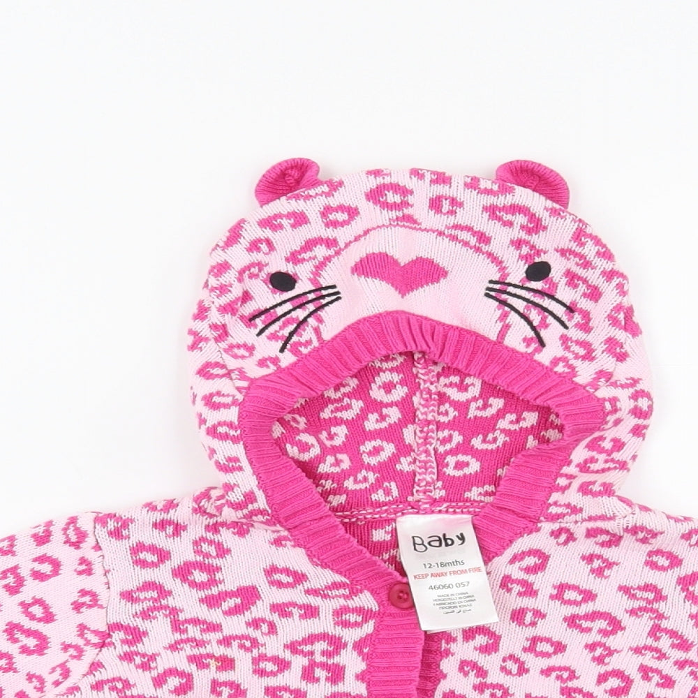 Peacocks Girls Pink Animal Print  Cardigan Jumper Size 12-18 Months  - Cat